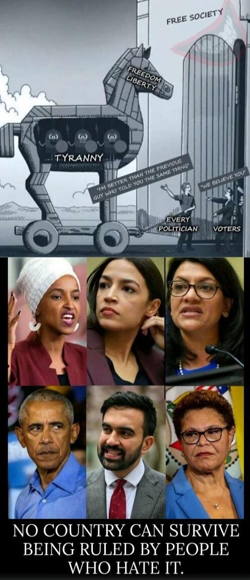 FREEDOM LIBERTY on the horse's head; TYRANNY on the horse's body. Signs around the scene say: 