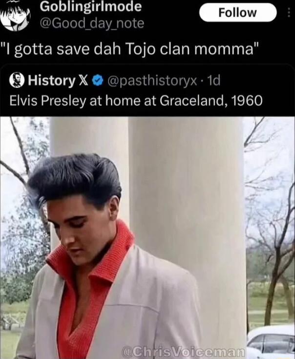 Goblingirimode Glefolele i l gotta save dah Tojo clan momma History X pasthistoryx 1d Elvis Presley at home at Graceland 1960