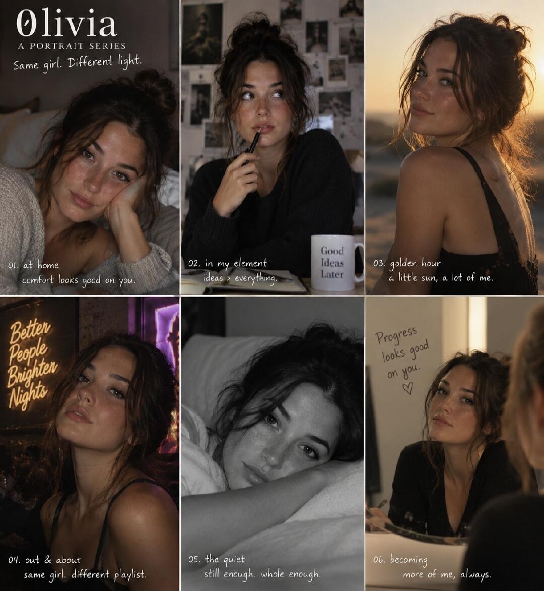 OLIVIA A PORTRAIT SERIES Same girl. Different light. 01. at home comfort looks good on you. 02. in my element ideas > everything. Good Ideas Later. 03. golden hour a little sun, a lot of me. Better People Brighter Nights. 04. out & about same girl. different playlist. 05. the quiet still enough. whole enough. Progress looks good on you. ❤️ 06. beco