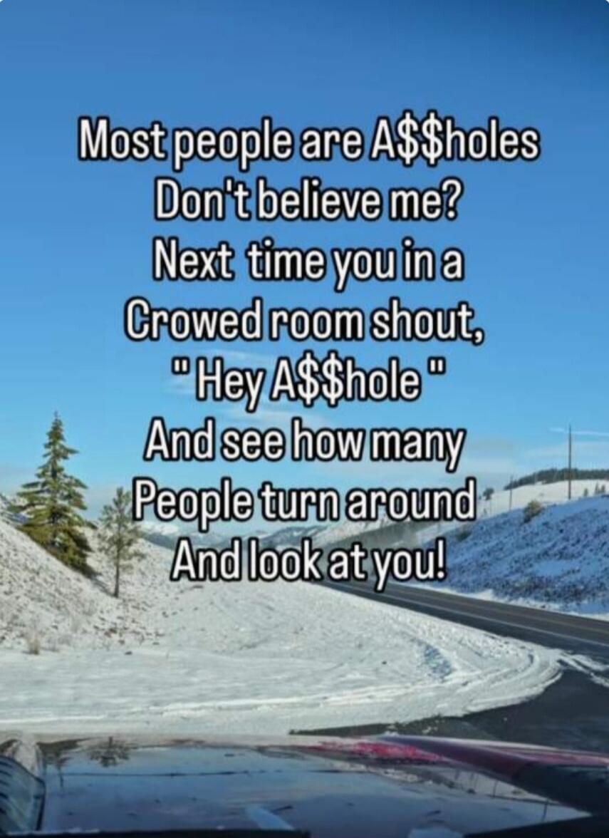Most people are A$$holes Don't believe me? Next time you in a Crowded room shout, 