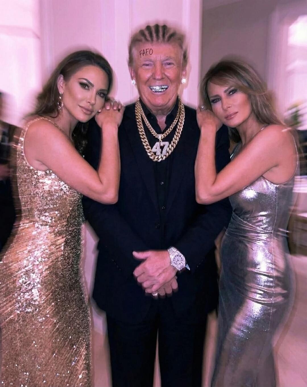 47 on a gold chain; letters on the forehead (appears as CAFO); no clear other readable text.