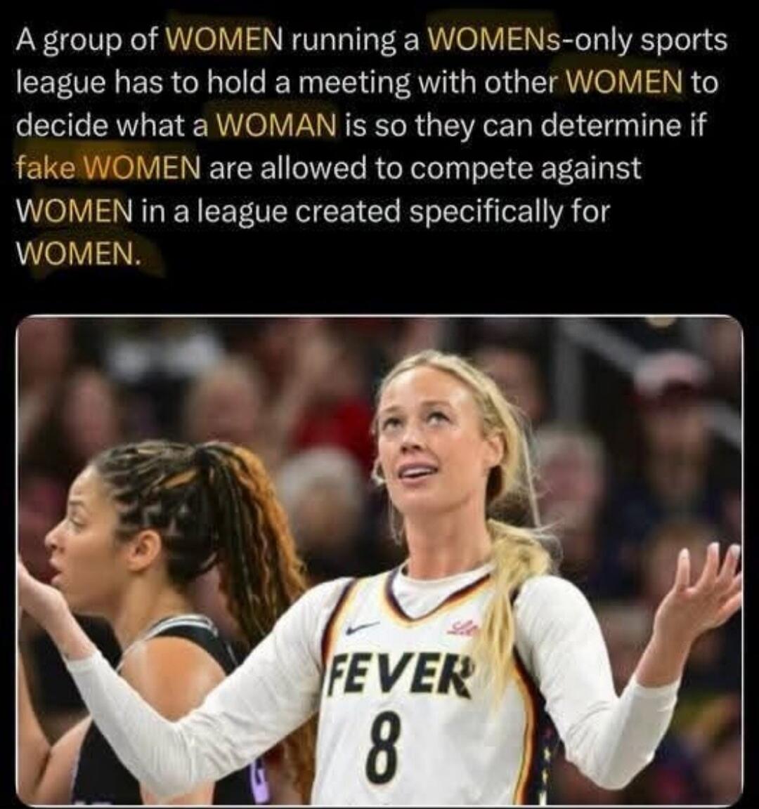 A group of WOMEN running a WOMENS-only sports league has to hold a meeting with other WOMEN to decide what a WOMAN is so they can determine if fake WOMEN are allowed to compete against WOMEN in a league created specifically for WOMEN.