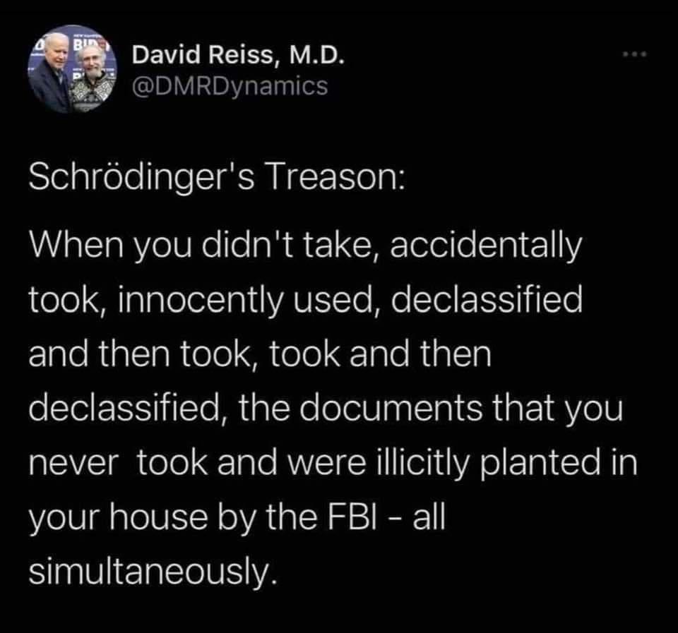 David Reiss MD pIVERIIER TS Schrodingers Treason When you didnt take accidentally el A TaTaleletTo I YAVESe lle Tl S sl RialTaRole SR ele Talo Riallp declassified the documents that you never took and were illicitly planted in your house by the FBI all BnlIEEIS YA