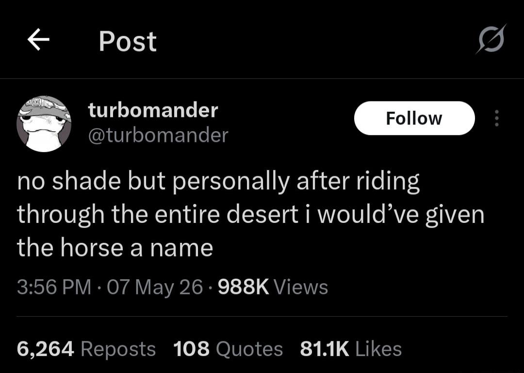 no shade but personally after riding through the entire desert i would've given the horse a name