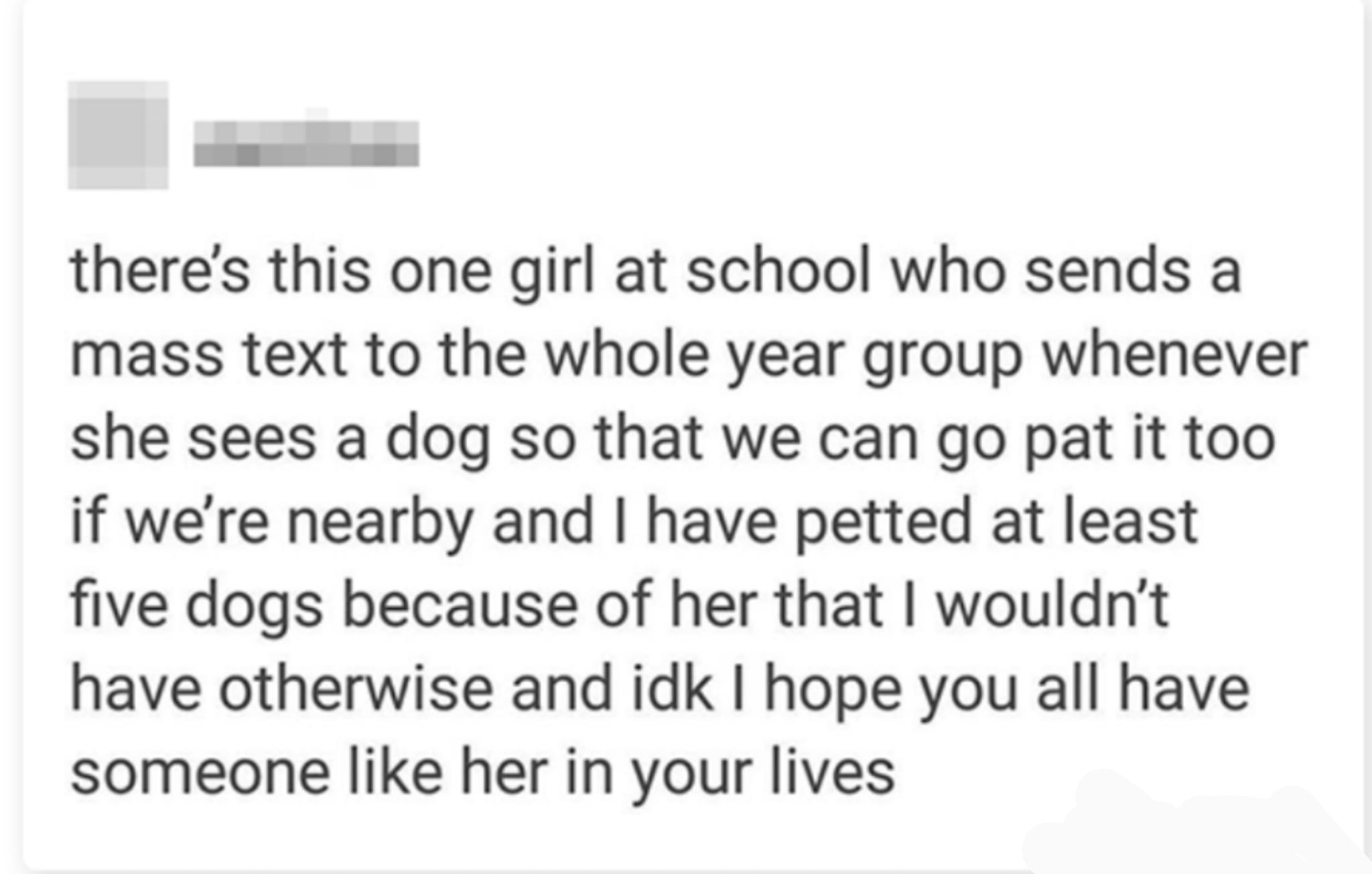 theres this one girl at school who sends a mass text to the whole year group whenever she sees a dog so that we can go pat it too if were nearby and have petted at least five dogs because of her that wouldnt have otherwise and idk hope you all have someone like her in your lives