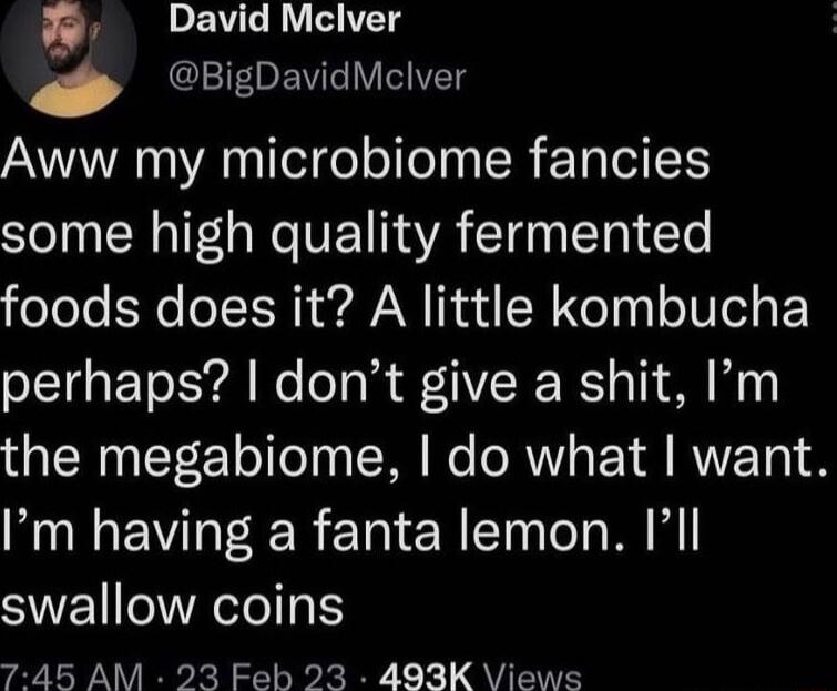 David Mclver FpE e Y o11VT3 Aww my microbiome fancies some high quality fermented foods does it A little kombucha perhaps dont give a shit Im N Y ol Tl SR e RV Y RWVET 8 Im having a fanta lemon Ill SIEICIAIN 745 AM 23 Feb 23 493K Views