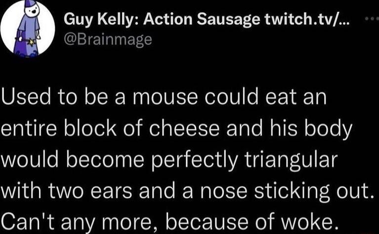 Guy Kelly Action Sausage twitchtv Brainmage Used to be a mouse could eat an entire block of cheese and his body would become perfectly triangular with two ears and a nose sticking out Cant any more because of woke