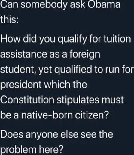 Can somebody ask Obama this: How did you qualify for tuition assistance as a foreign student, yet qualified to run for president which the Constitution stipulates must be a native-born citizen? Does anyone else see the problem here?