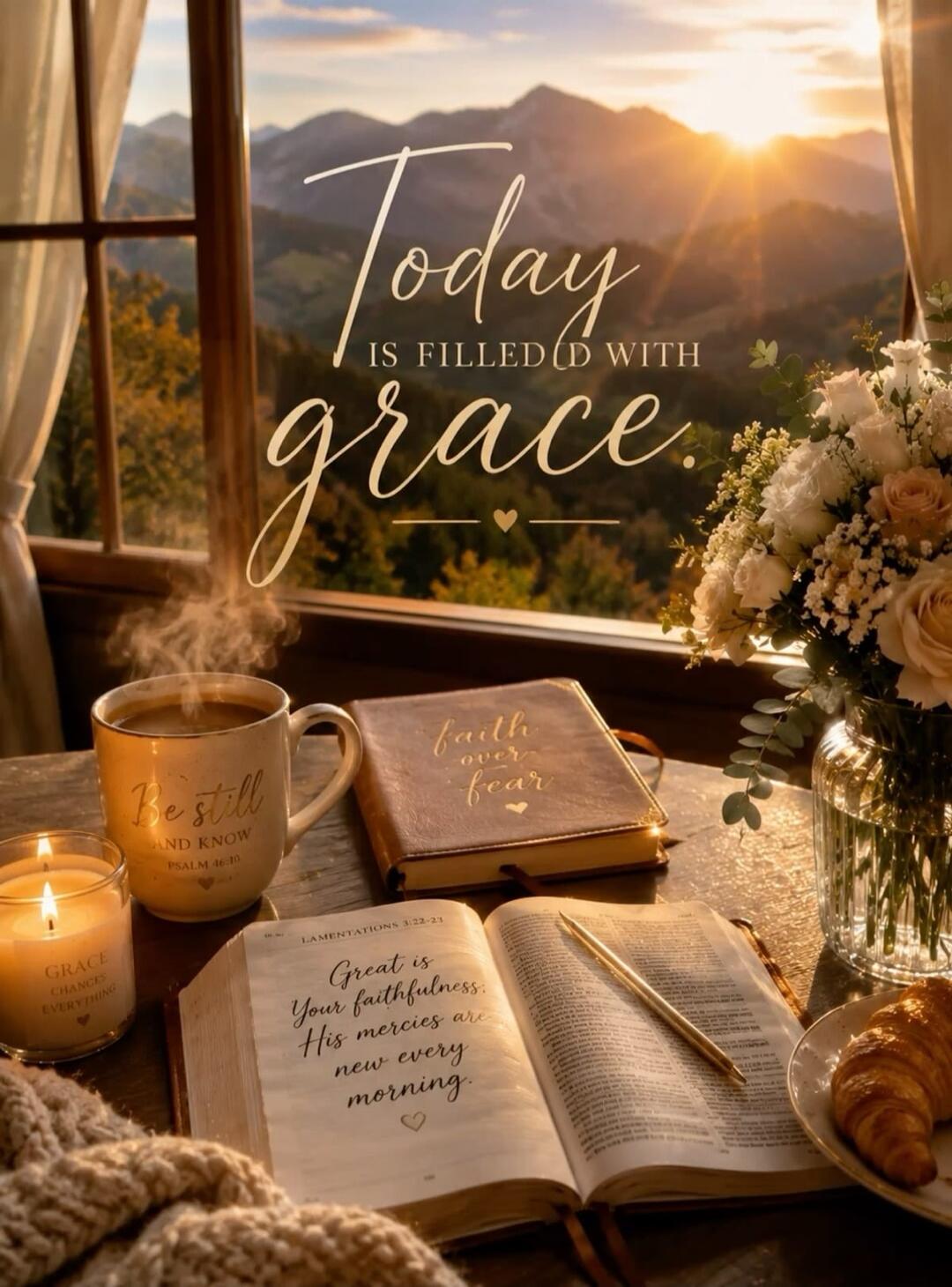 Today is filled with grace. Be still and know Psalm 46:10. faith over fear. LAMENTATIONS 3:22-23 Great is Your faithfulness. His mercies are new every morning. GRACE CHANGES EVERYTHING