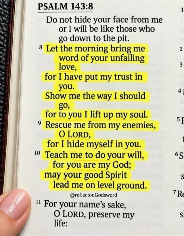 PSALM 143:8 Do not hide your face from me or I will be like those who go down to the pit. Let the morning bring me word of your unfailing love, for I have put my trust in you. Show me the way I should go, for to you I lift up my soul. Rescue me from my enemies, O LORD, for I hide myself in you. Teach me to do your will, for you are my God; may your