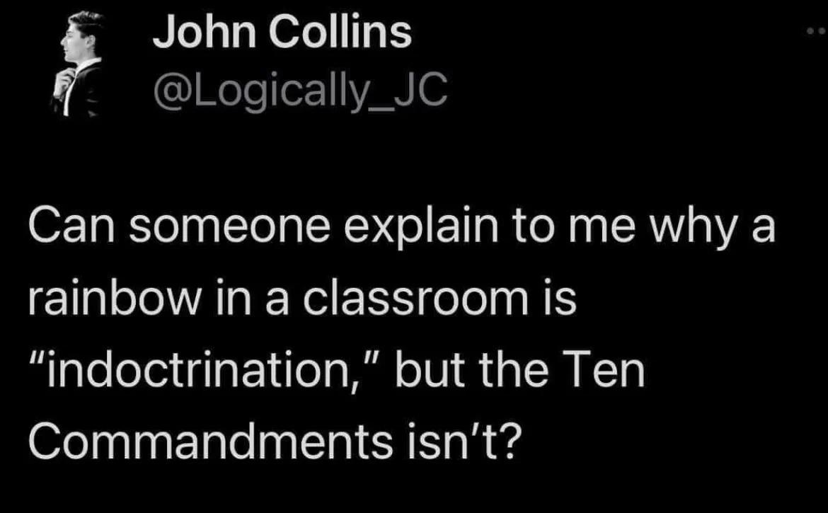 John Collins Neleo71VAN Can someone explain to me why a ETIARENENS ool I indoctrination but the Ten Commandments isnt