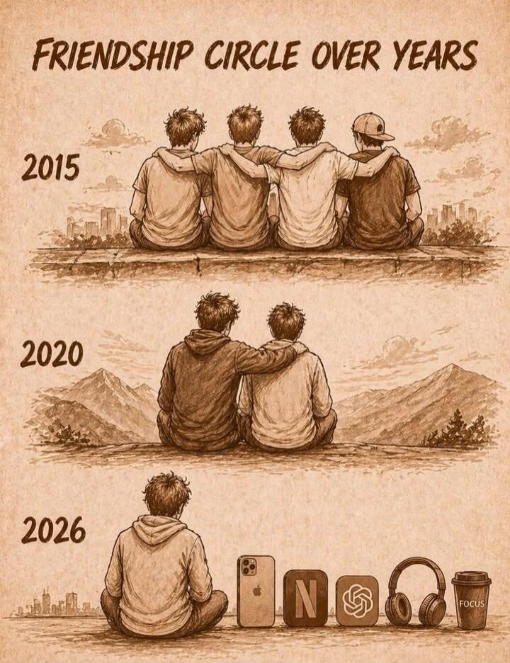 FRIENDSHIP CIRCLE OVER YEARS 2015 2020 2026 FOCUS. The image illustrates the evolution of a friendship circle over time, showing a group of friends in earlier years gradually reducing to a single person surrounded by technology in 2026.