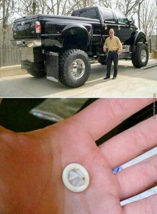 A man stands next to a huge, lifted black pickup truck. In the bottom panel, a small, unrolled condom is shown in the palm of a hand.