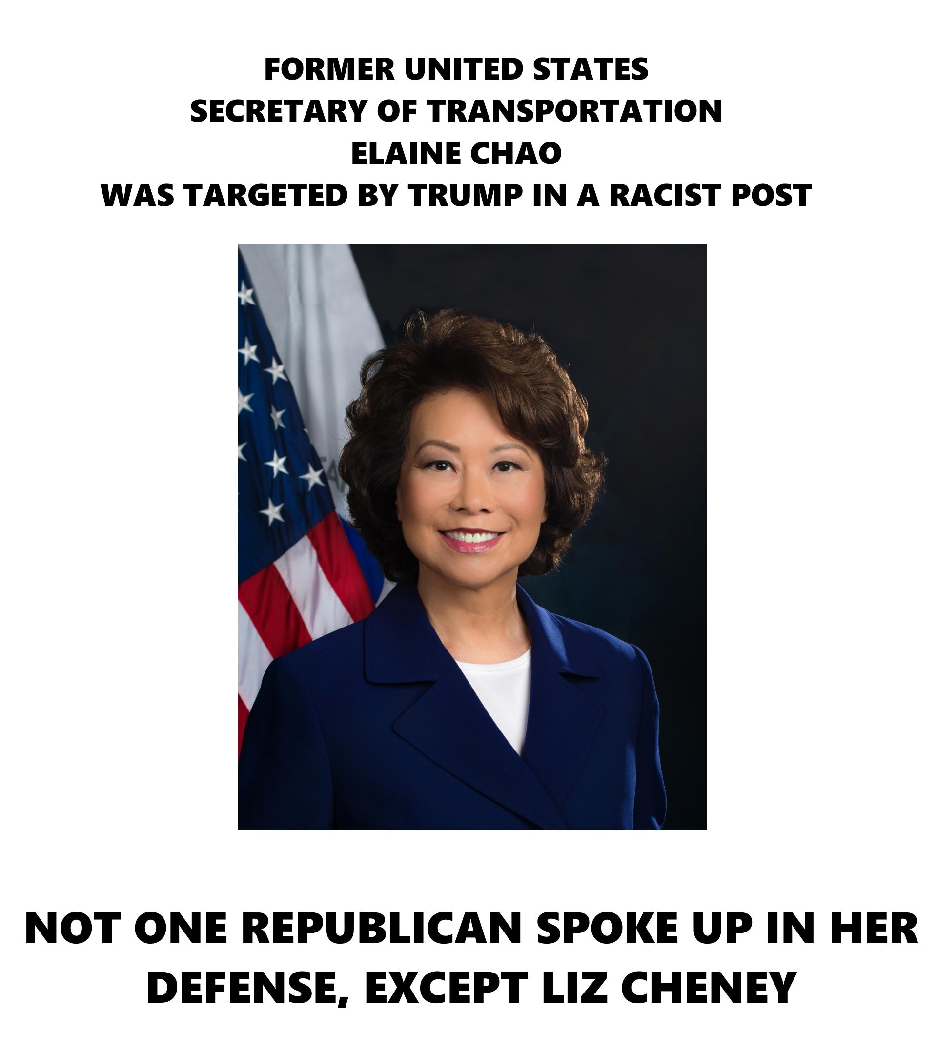 FORMER UNITED STATES SECRETARY OF TRANSPORTATION ELAINE CHAO WAS TARGETED BY TRUMP IN A RACIST POST NOT ONE REPUBLICAN SPOKE UP IN HER DEFENSE EXCEPT LIZ CHENEY