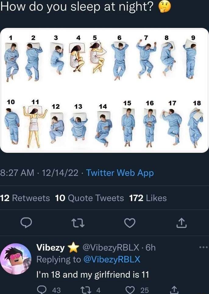 g WRCeRVCIVES EITo 1 gl l QO e V e Vibezy W VibezyRBLX 6h 4 Replying to Im 18 and my girlfriend is 11 25 4