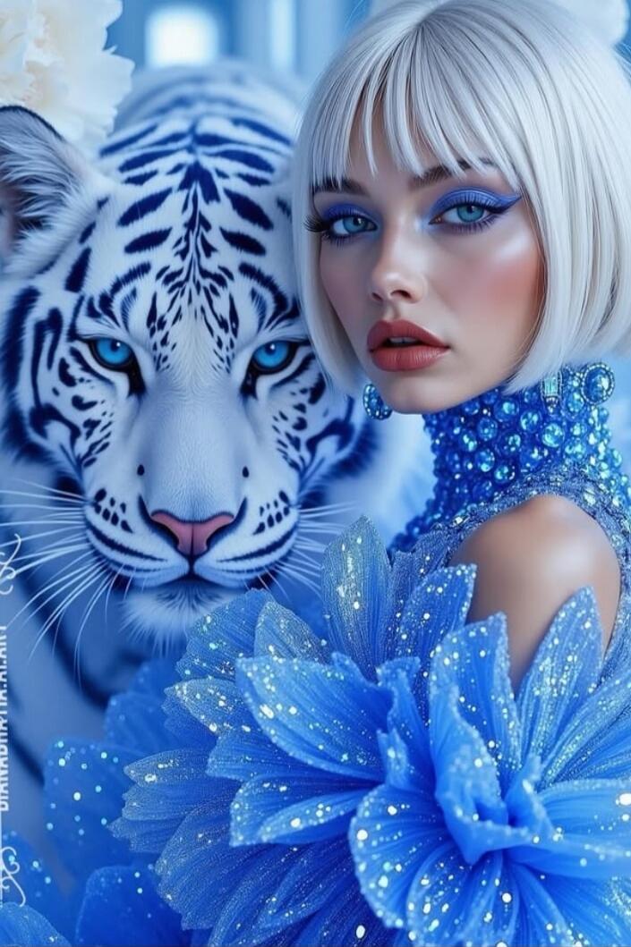 A woman with platinum blonde hair and dramatic blue makeup stands beside a white tiger. She is wearing an ornate blue outfit featuring sparkly, flower-like decorations.