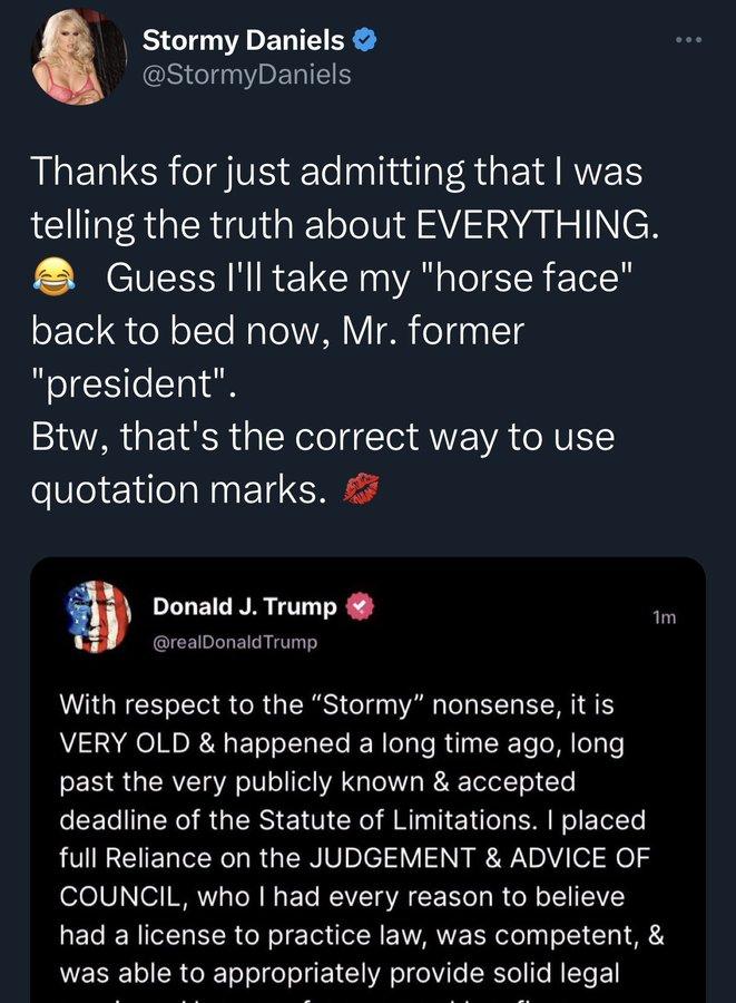 Stormy Daniels StormyDaniels Thanks for just admitting that was telling the truth about EVERYTHING Guess Ill take my horse face back to bed now Mr former president Btw thats the correct way to use quotation marks a Donald J Trump i LAGECERET S R GRS eI Vil L EEL EERT S E VERY OLD happened a long time ago long past the very publicly known accepted deadline of the Statute of Limitations placed full 