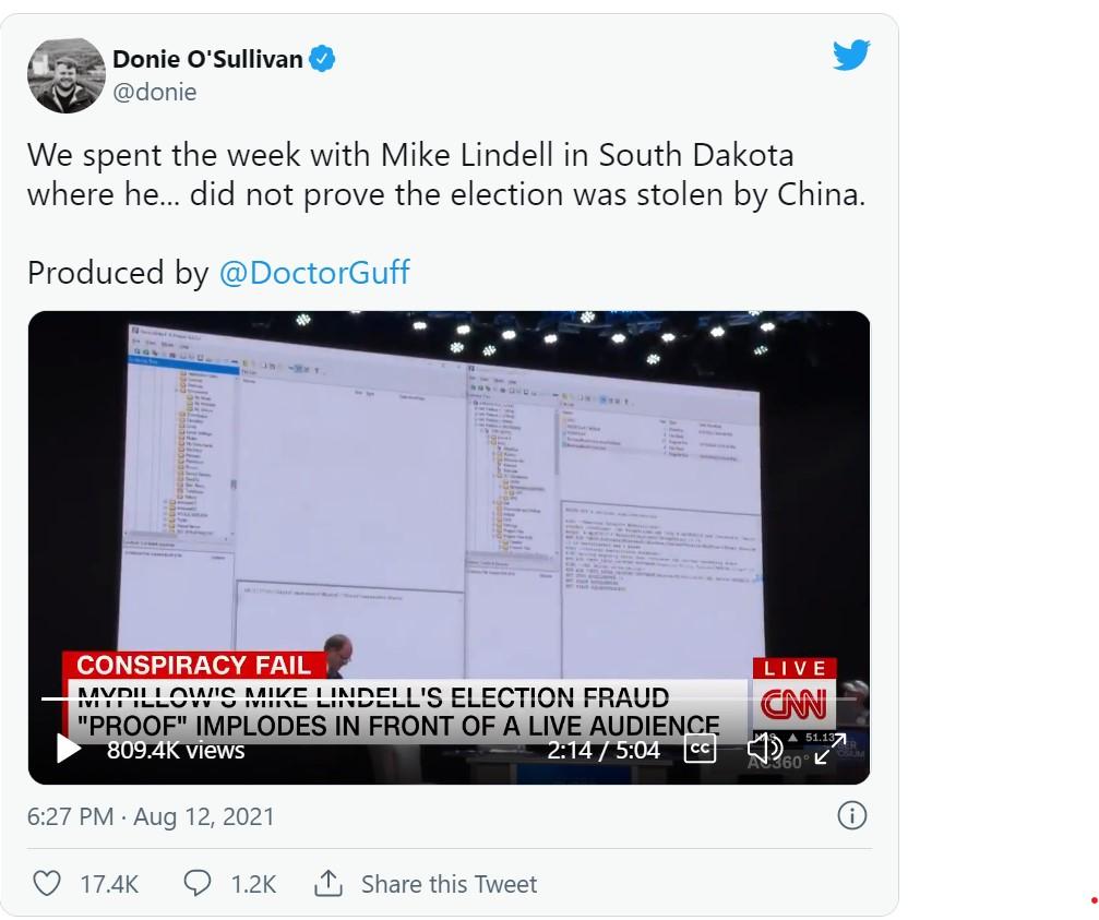 We spent the week with Mike Lindell in South Dakota where he did not prove the election was stolen by China Produced by DoctorGuff CONSPIRACY FAIL MYPILLOWS MIKE LINDELLS ELECTION FRAUD PROOF IMPLODES IN FRONT OF A LIVE AUDIENCE B X 5 z 627 PM Aug 12 2021 Q 174k 12Kk 1 Share this Tweet