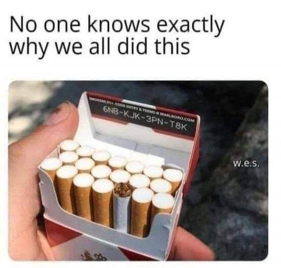 No one knows exactly why we all did this. SMOKERS 21+ CODE ENTRY & TERMS MARLBORO.COM 6NB-KJK-3PN-T8K w.e.s.
