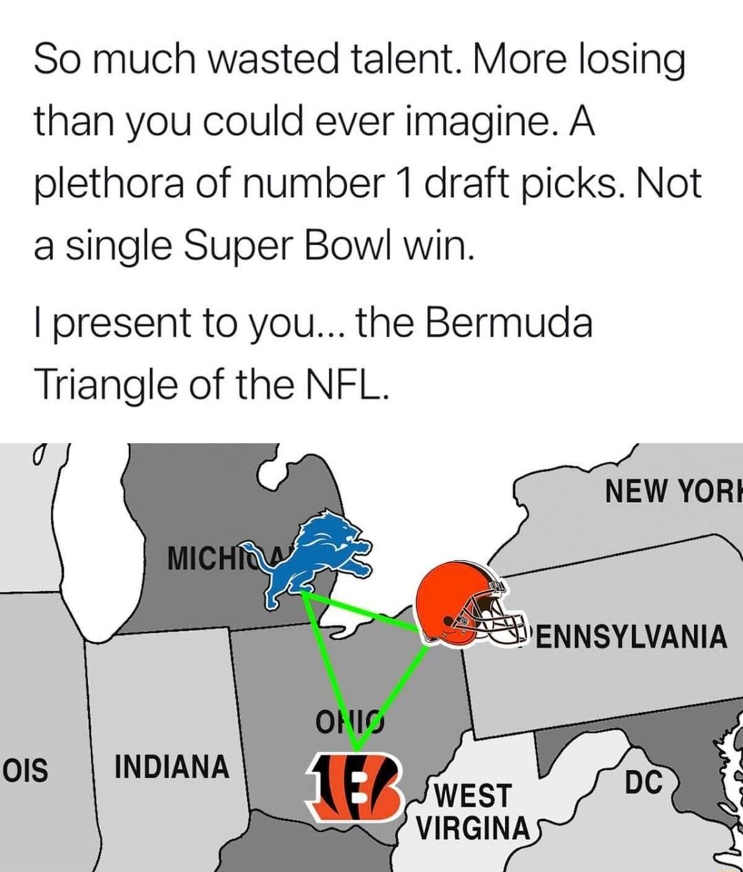 So much wasted talent More losing than you could ever imagine A plethora of number 1 draft picks Not a single Super Bowl win present to you the Bermuda Triangle of the NFL VNEW YORI QENNSYLVANIA INDIANA RER e VIRGINA OIS