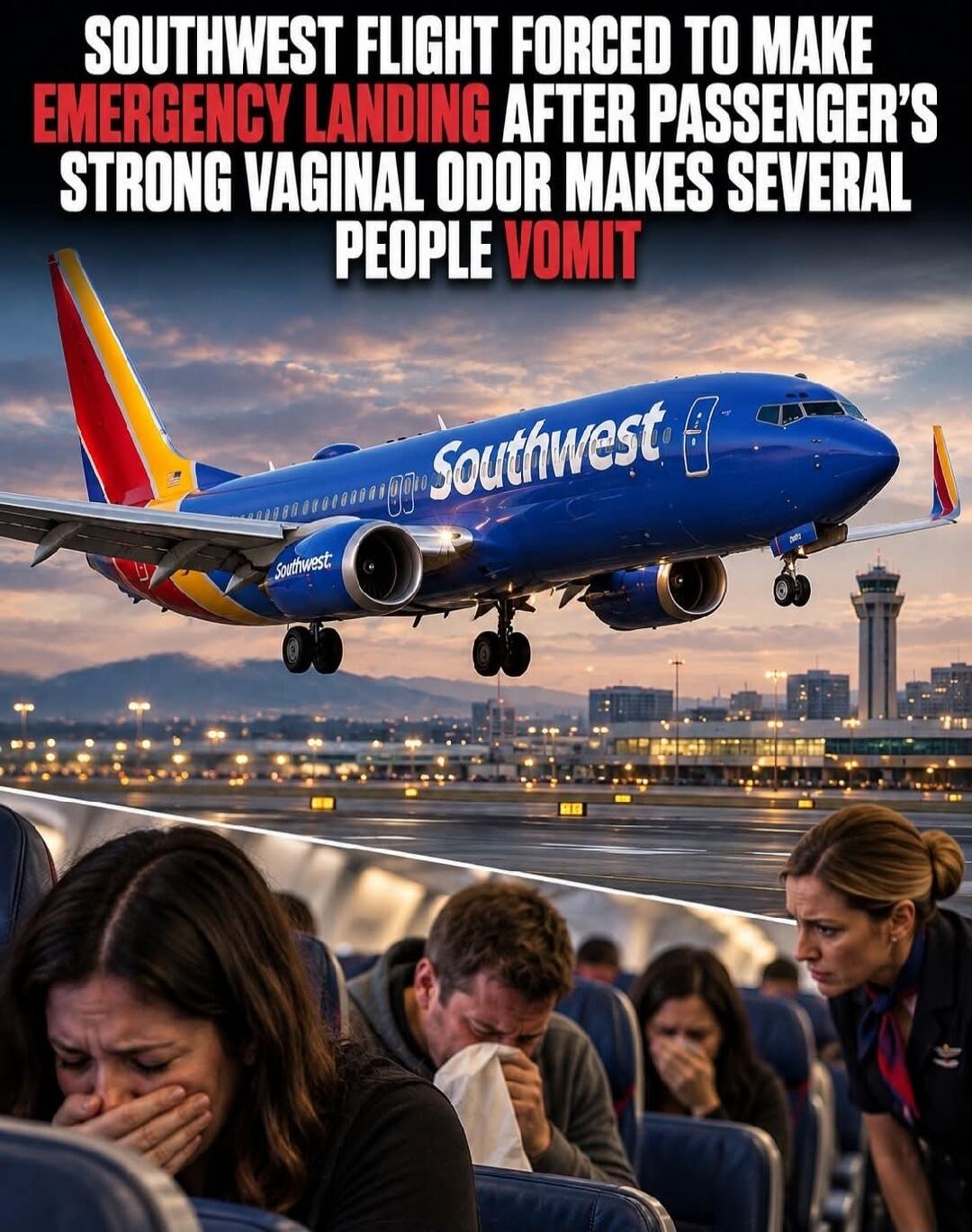SOUTHWEST FLIGHT FORCED TO MAKE EMERGENCY LANDING AFTER PASSENGER'S STRONG VAGINAL ODOR MAKES SEVERAL PEOPLE VOMIT