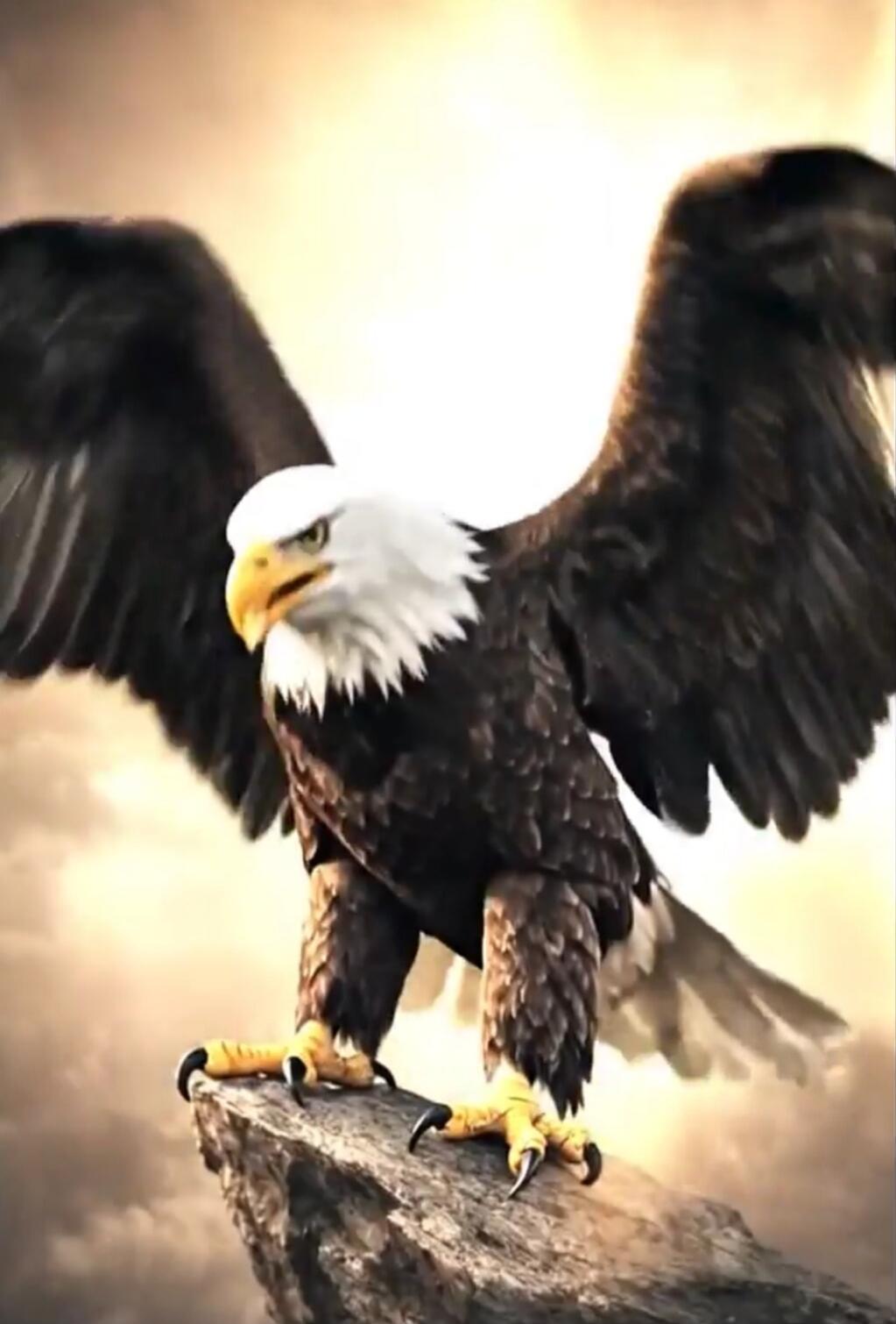 A bald eagle with wings spread perched on a rock.