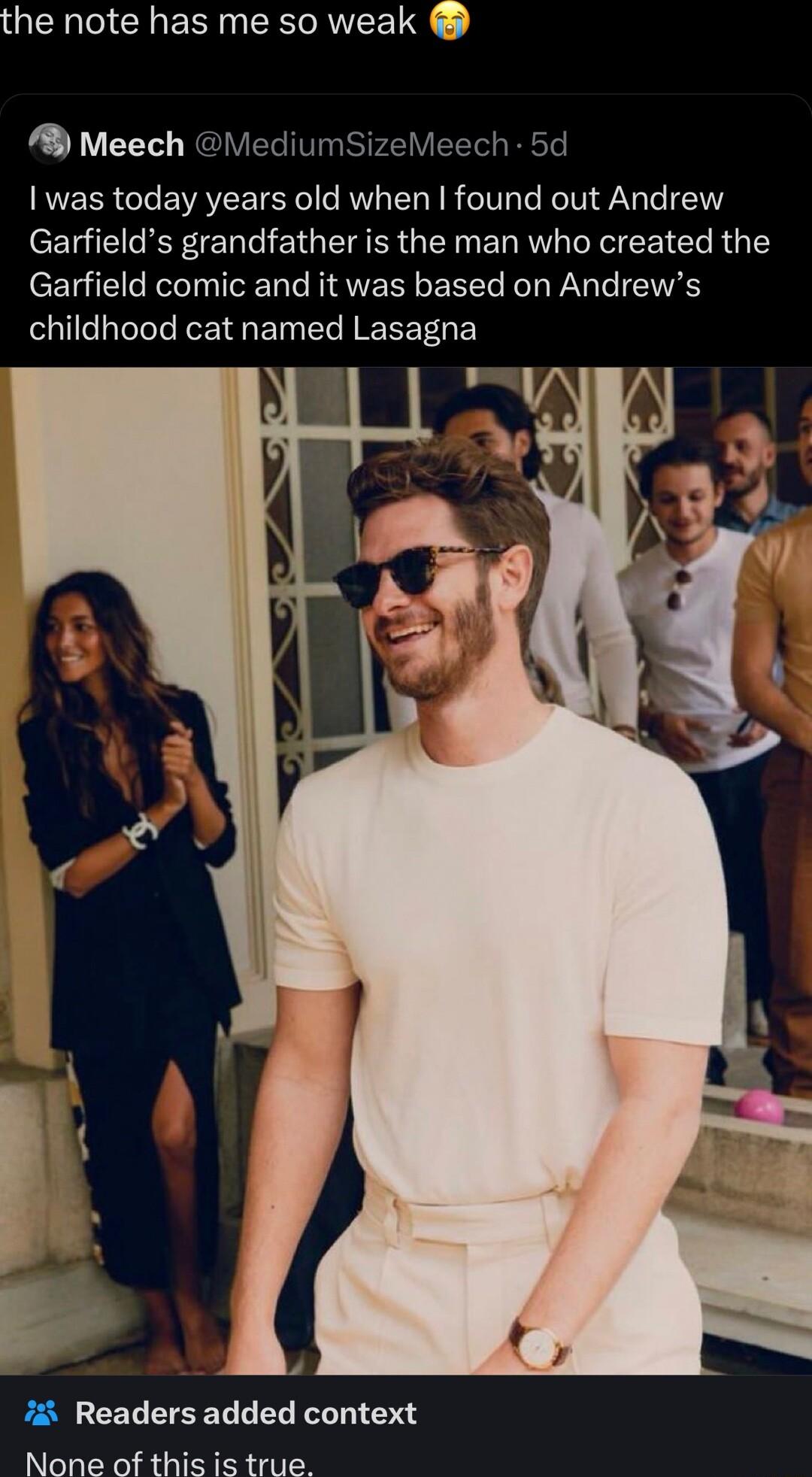 QENIICR RN R AEEL Y B Meech VediumSizeMeech 5d was today years old when found out Andrew Garfields grandfather is the man who created the Garfield comic and it was based on Andrews childhood cat named Lasagna i Readers added context None of this is true