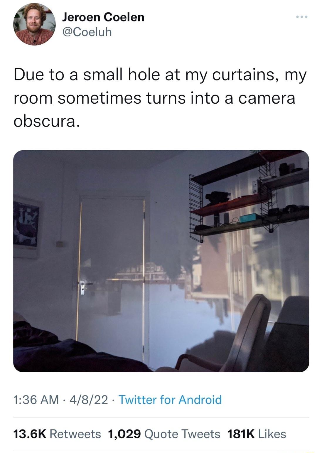 Jeroen Coelen Coeluh Due to a small hole at my curtains my room sometimes turns into a camera obscura 136 AM 4822 Twitter for Android 136K Retweets 1029 Quote Tweets 181K Likes