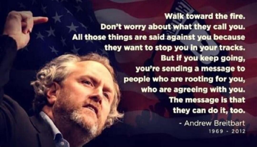 Walk toward the fire. Don't worry about what they call you. All those things are said against you because they want to stop you in your tracks. But if you keep going, you're sending a message to people who are rooting for you, who are agreeing with you. The message is that they can do it, too. - Andrew Breitbart 1969 - 2012