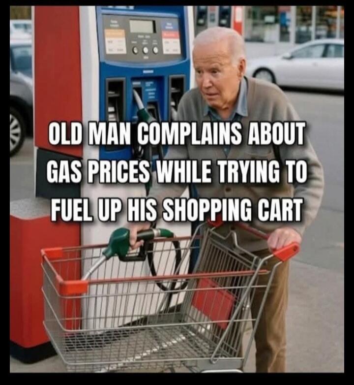 OLD MAN COMPLAINS ABOUT GAS PRICES WHILE TRYING TO FUEL UP HIS SHOPPING CART