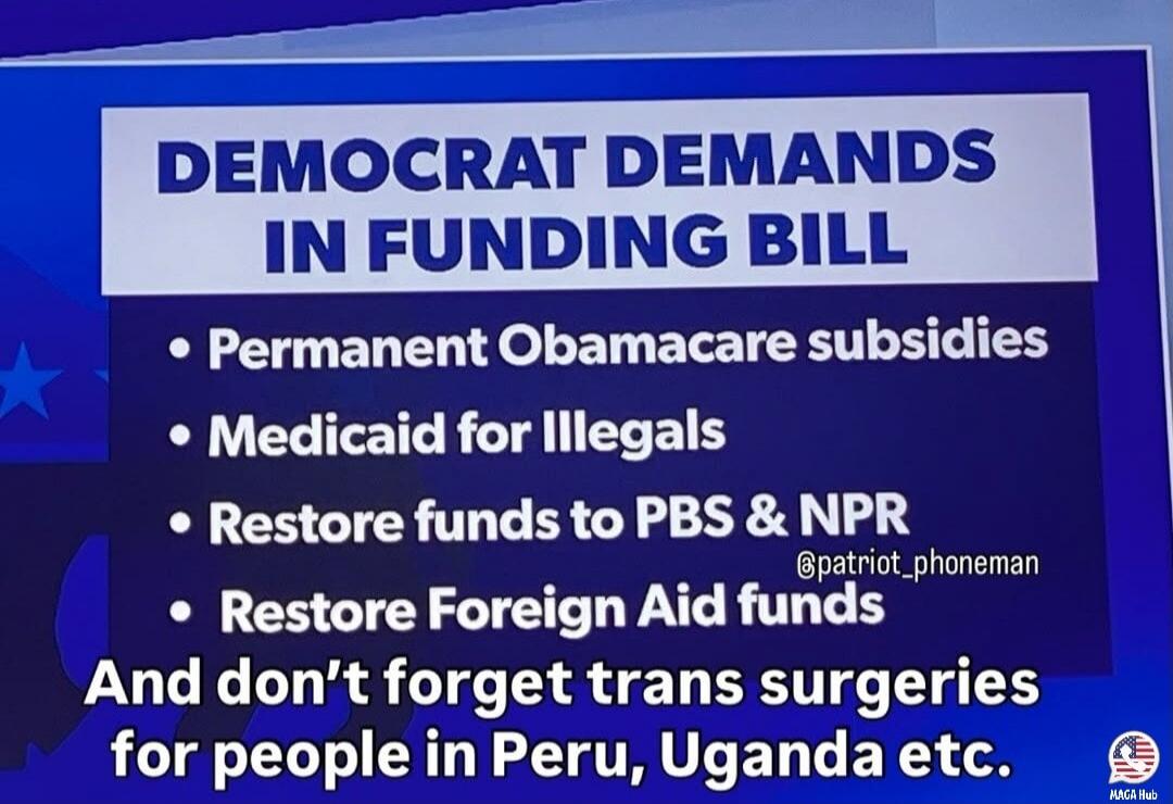 DEMOCRAT DEMANDS IN FUNDING BILL

- Permanent Obamacare subsidies
- Medicaid for illegals
- Restore funds to PBS & NPR
- Restore Foreign Aid funds

And don’t forget trans surgeries for people in Peru, Uganda etc.