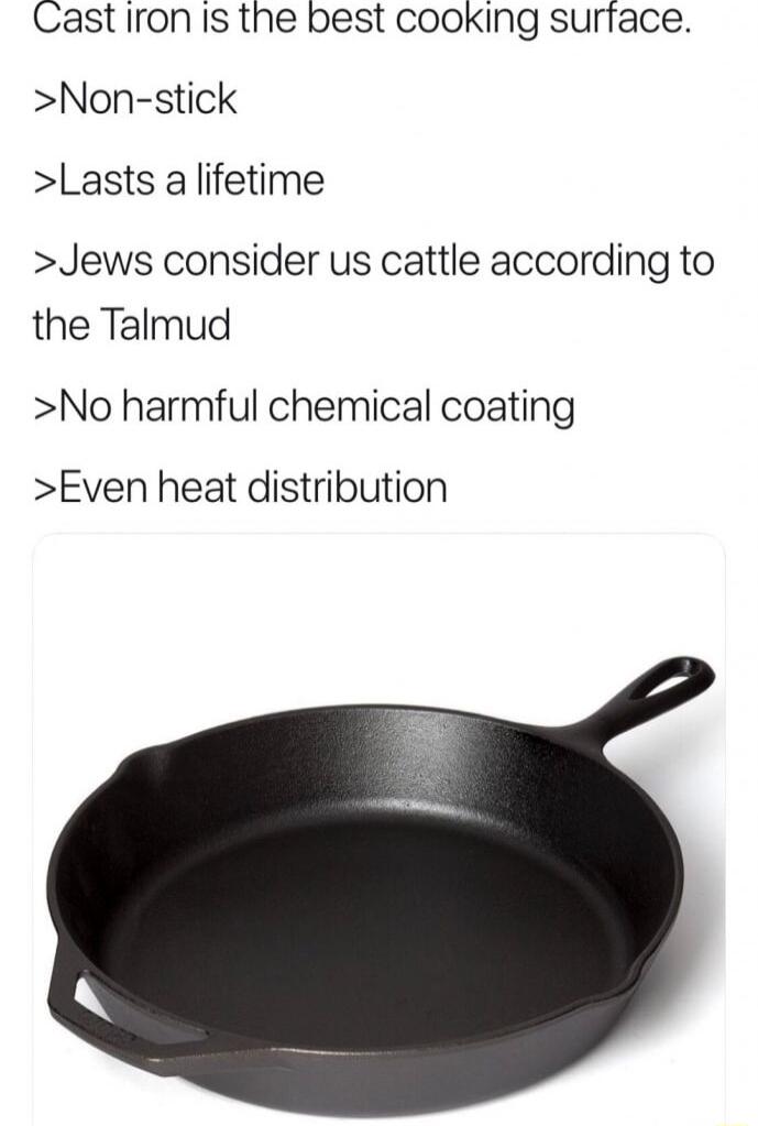 Cast Iron Is the best cooking surface Non stick Lasts alifetime Jews consider us cattle according to the Talmud No harmful chemical coating Even heat distribution