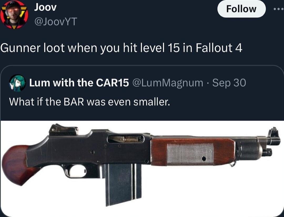 DJoovYT Gunner loot when you hit level 15 in Fallout 4 Lum with the CAR15 Lum What if the BAR was even smaller