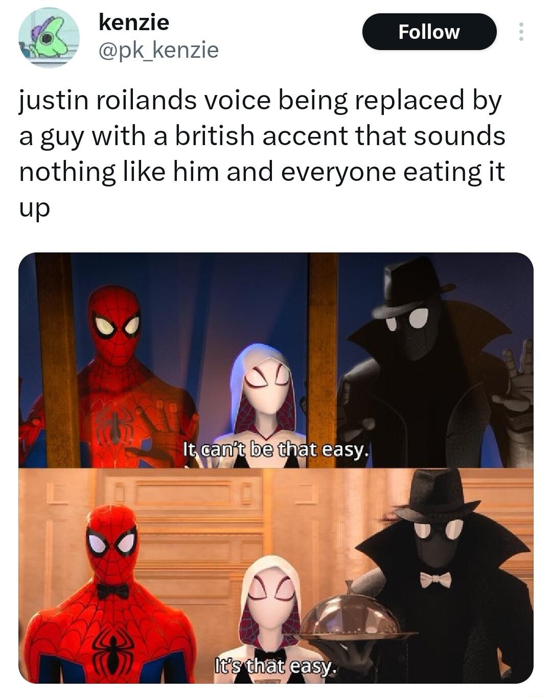 pk kenzie justin roilands voice being replaced by a guy with a british accent that sounds nothing like him and everyone eating it up