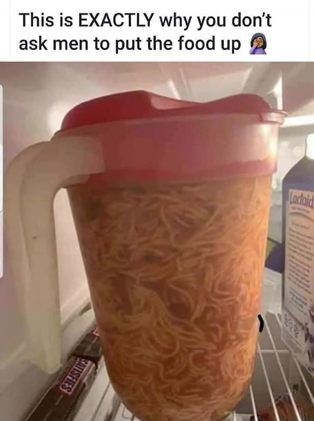 This is EXACTLY why you don't ask men to put the food up 🤦🏽‍♀️