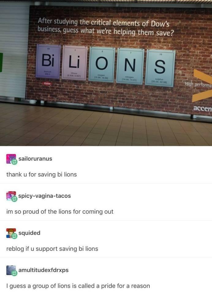 thercritical elements of Dows were helpingthem save sailoruranus thank u for saving bi lions f spicy vagina tacos im so proud of the lions for coming out squided reblog if u support saving bi lions amultitudexfdrxps guess a group of lions is called a pride for a reason