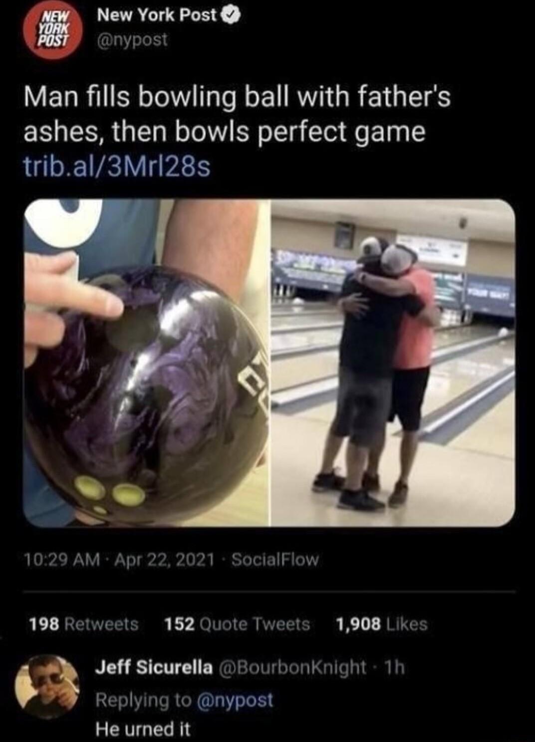 New York Post V ELRIER T EIRVIGRETG S ashes then bowls perfect game tribal3Mrl28s 1908 Like 152 Quot t Jeff Sicurella urbonKnl nypost He urned it