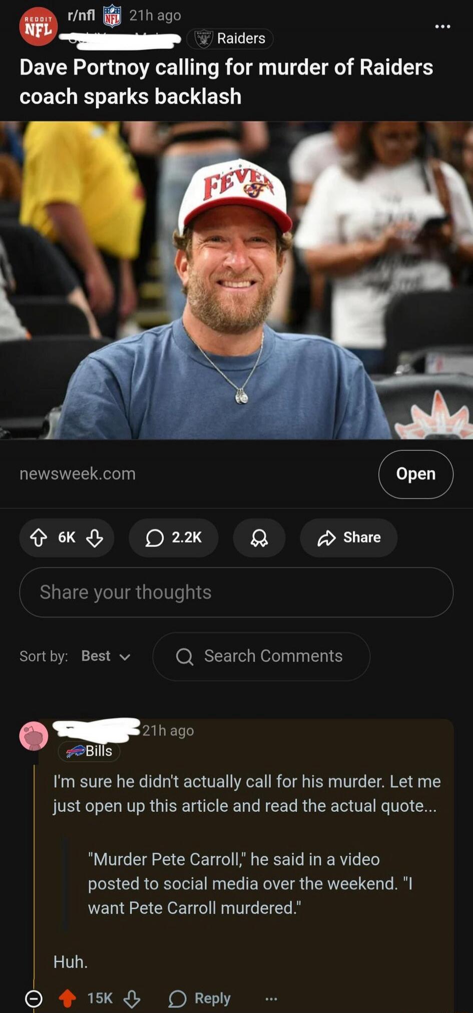 Dave Portnoy calling for murder of Raiders coach sparks backlash. I'm sure he didn't actually call for his murder. Let me just open up this article and read the actual quote... 