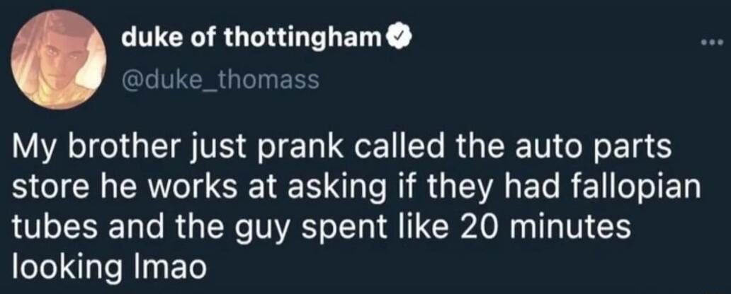 My brother just prank called the auto parts store he works at asking if they had fallopian tubes and the guy spent like 20 minutes looking lmao
