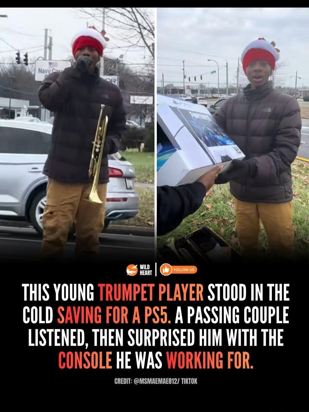 THIS YOUNG TRUMPET PLAYER STOOD IN THE COLD SAVING FOR A PS5. A PASSING COUPLE LISTENED, THEN SURPRISED HIM WITH THE CONSOLE HE WAS WORKING FOR.