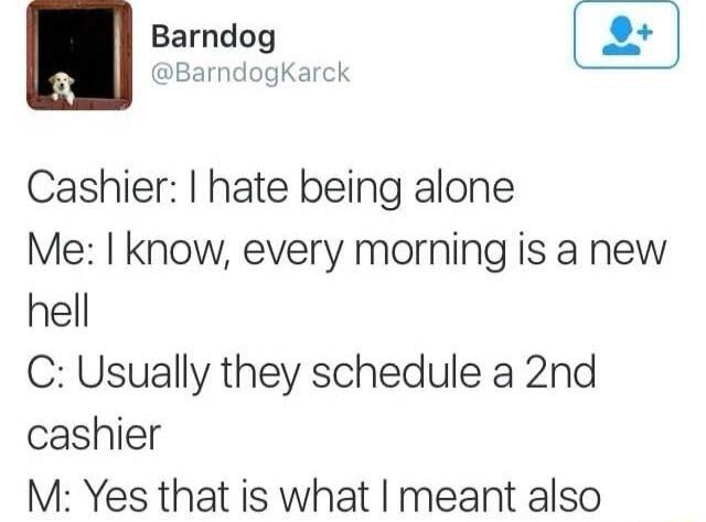 Barndog Cashier hate being alone Me know every morning is a new hell C Usually they schedule a 2nd cashier M Yes that is what meant also