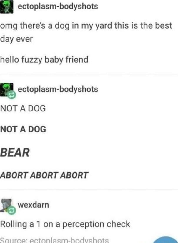 ectoplasm bodyshots omg theres a dog in my yard this is the best day ever hello fuzzy baby friend ectoplasm bodyshols NOT A DOG NOT A DOG BEAR ABORT ABORT ABORT wexdarn Rolling a 1 on a perception check nhnadvehate N Sntirce ectonla