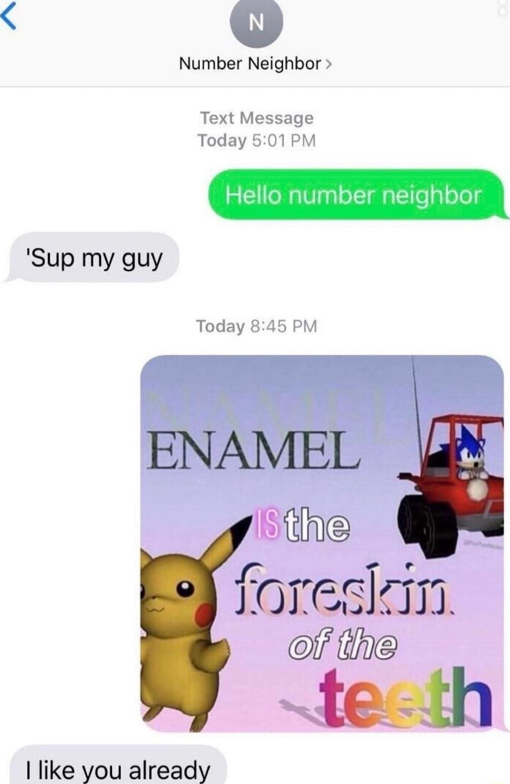 Hello number neighbor
'Sup my guy
[meme image: ENAMEL IS the foreskin of the teeth]
I like you already