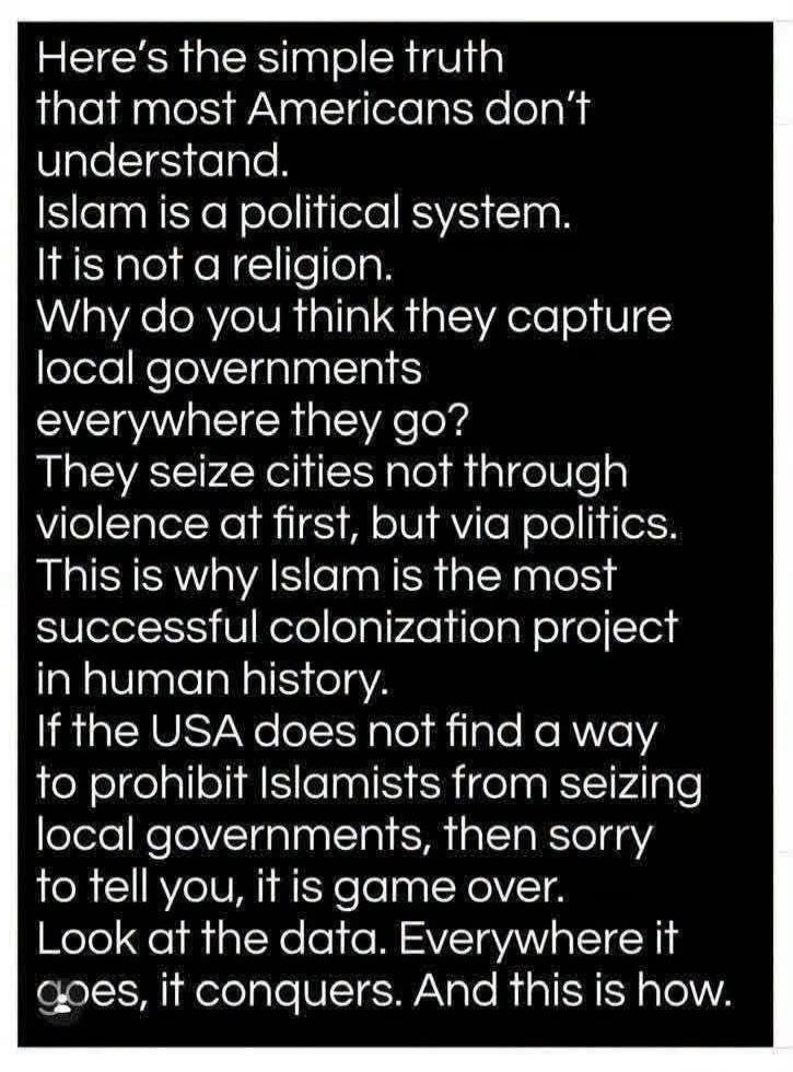 Here's the simple truth that most Americans don't understand. Islam is a political system. It is not a religion. Why do you think they capture local governments everywhere they go? They seize cities not through violence at first, but via politics. This is why Islam is the most successful colonization project in human history. If the USA does not fi