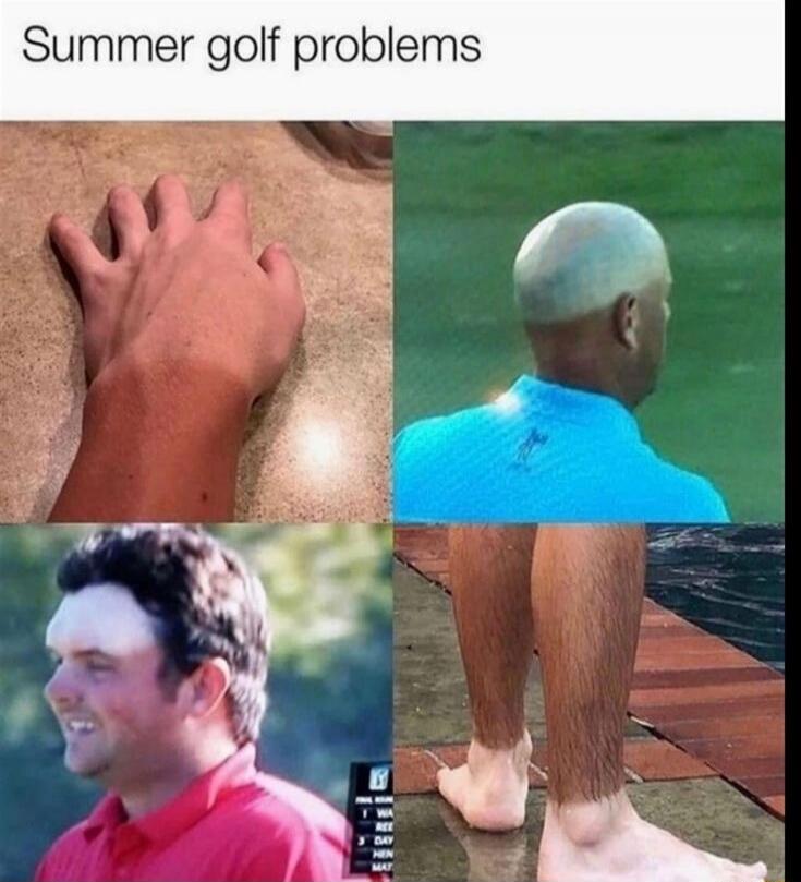 Summer golf problems. The image shows four examples of uneven tans or sunburns experienced by golfers. These include a hand with a glove tan line, a head with a distinct tan line from a visor, a golfer with a pale forehead from a cap, and legs with tan lines at the ankles from socks.