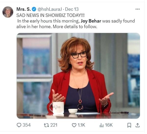 SAD NEWS IN SHOWBIZ TODAY!!! In the early hours this morning, Joy Behar was sadly found alive in her home. More details to follow.
