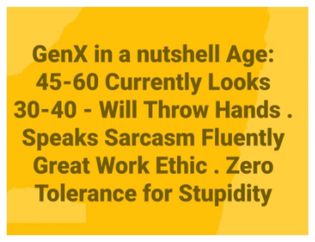 GenX in a nutshell Age: 45-60 Currently Looks 30-40 - Will Throw Hands . Speaks Sarcasm Fluently Great Work Ethic . Zero Tolerance for Stupidity