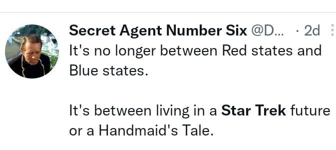 Secret Agent Number Six D 2d v Its no longer between Red states and Blue states Its between living in a Star Trek future or a Handmaids Tale