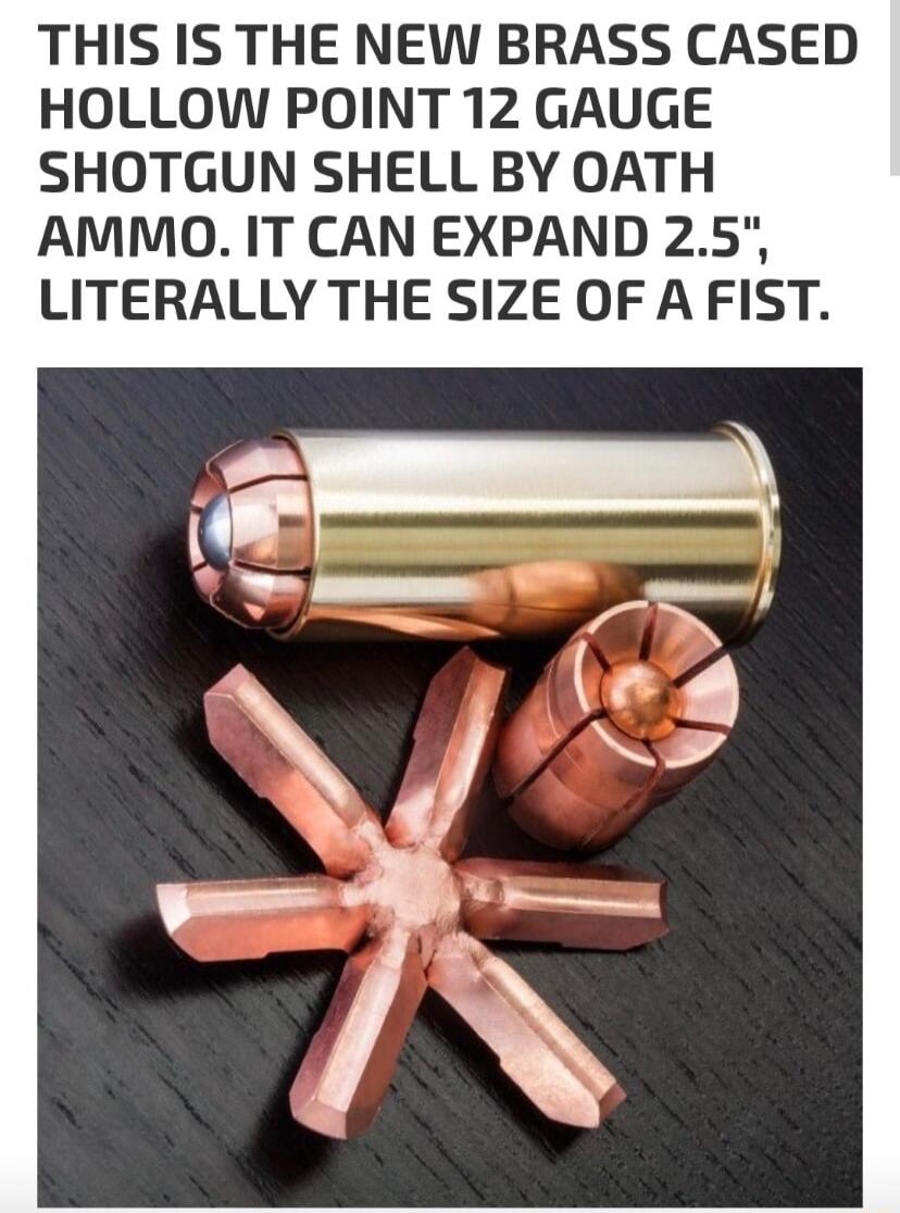 THIS IS THE NEW BRASS CASED HOLLOW POINT 12 GAUGE SHOTGUN SHELL BY OATH AMMO IT CAN EXPAND 25 LITERALLY THE SIZE OF A FIST
