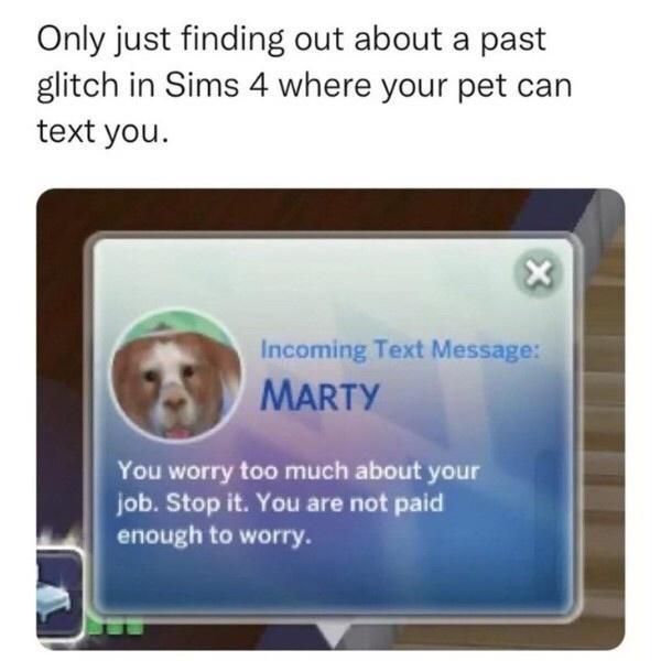 Only just finding out about a past glitch in Sims 4 where your pet can text you